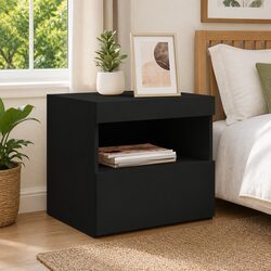 Black Engineered Wood Bedside Cabinet with LED Lights