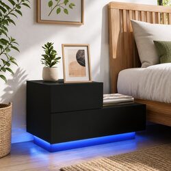 RGB LED Bedside Cabinet Black Storage Nightstand 70x36x40.5cm