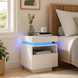 RGB LED Bedside Cabinet in White with Organising Space