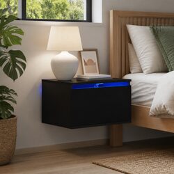 Wall-mounted Black Bedside Cabinets with LED Lighting - 2 pcs