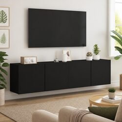 2-Piece Black Wall-Mounted TV Cabinet - Media Storage Unit