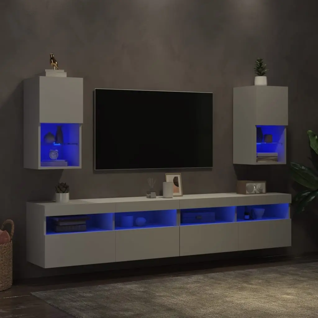 TV Cabinets Wall-Mounted Storage Units with RGB LED Lights White Set of 2