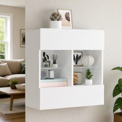 Wall-Mounted White Media Cabinet with RGB LED Lighting