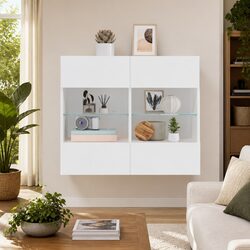White TV Wall Cabinet with RGB LED Lighting Features