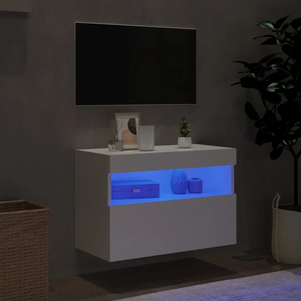 TV Wall Cabinet Floating Media Unit White 60x30x40 cm RGB LED Lights