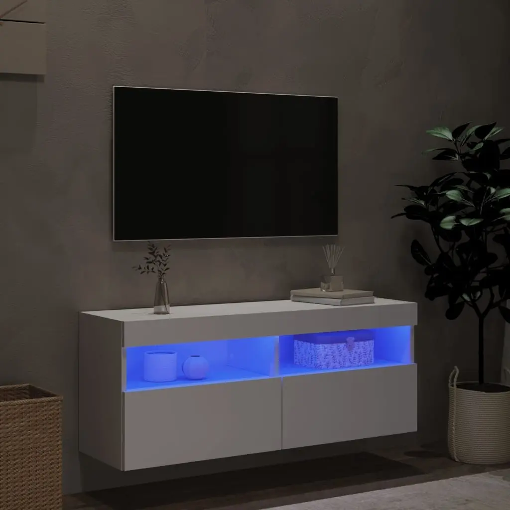 TV Wall Cabinet Floating Media Storage Unit with RGB LED Lights White