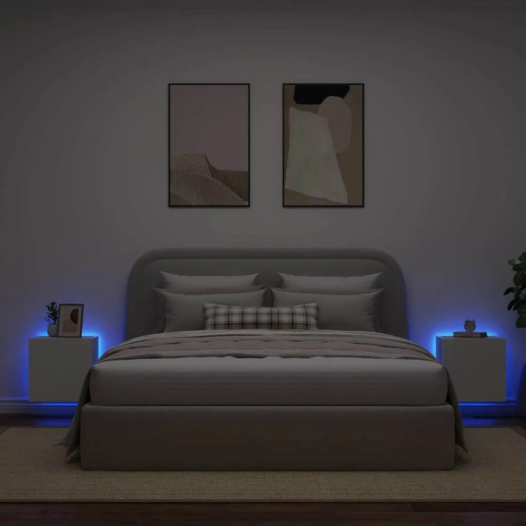 TV Wall Cabinets with RGB LED Lights Space Saving White 2 Piece Floating Media Storage Unit