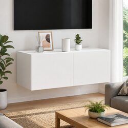 Wall-Mounted TV Cabinet in White with RGB LED Lights
