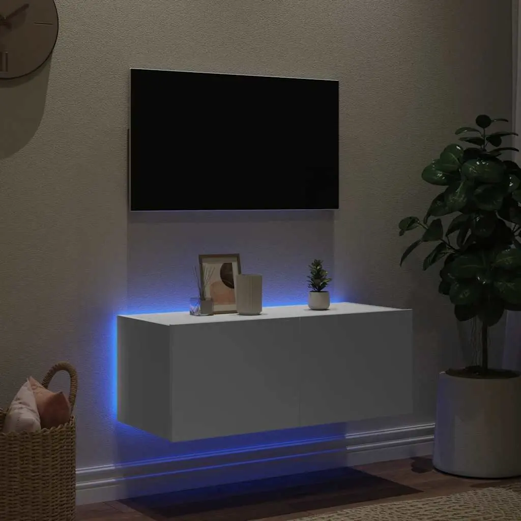 TV Wall Cabinet with RGB LED Lights Floating Media Unit 80x35x31cm White