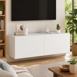 Wall-Mounted TV Cabinet with LED Lights - White Finish