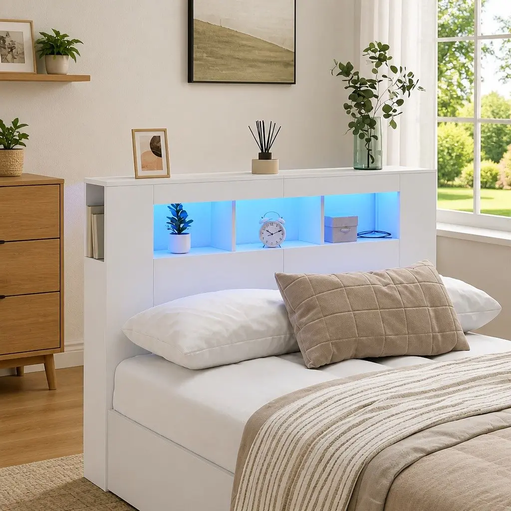 LED Headboard White Engineered Wood 140 cm Modern Bedroom Furniture