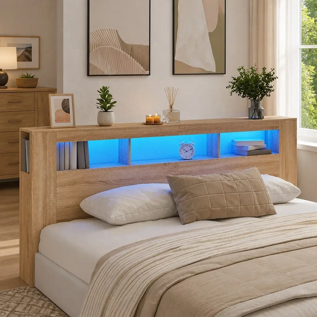 LED Headboard Engineered Wood RGB Lights 220cm Brown