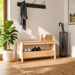 Entryway Hall Bench in Brown Solid Pine Wood