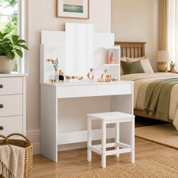 White Bedroom Vanity Unit with Mirror and Shelves