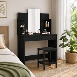 Black Bedroom Vanity Unit with Mirror and Storage Features