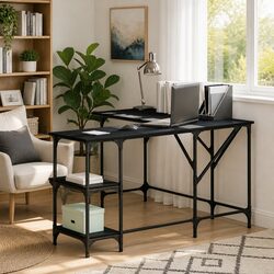 Black L-Shaped Corner Desk with Shelving and Adjustable Feet