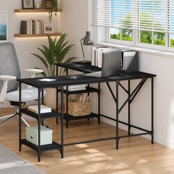 L-Shaped Office Desk with Storage Shelves in Black