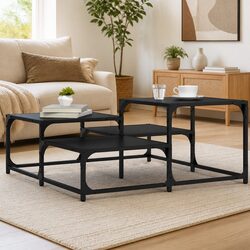 Black Square Coffee Table with Metal Frame and Wood Top