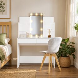 White Makeup Vanity with LED Mirror and Storage Solutions