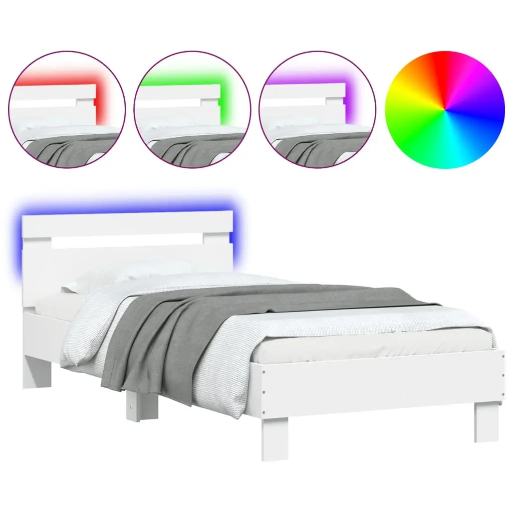 Bed Frame with Headboard RGB LED Lights Slatted Base 90x190 cm White