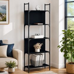 Black 5-Tier Bookshelf with Engineered Wood Construction