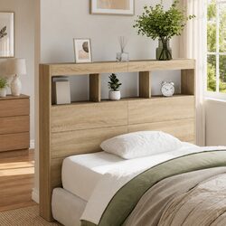 Headboard Cabinet with LED Lighting in Brown Engineered Wood