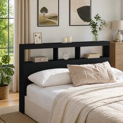 Black LED Headboard with Storage Cabinet and RGB Lighting