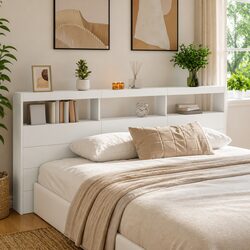 White LED Headboard Cabinet with Storage 220x17x102cm