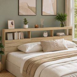 LED Light-Equipped Headboard Cabinet in Brown