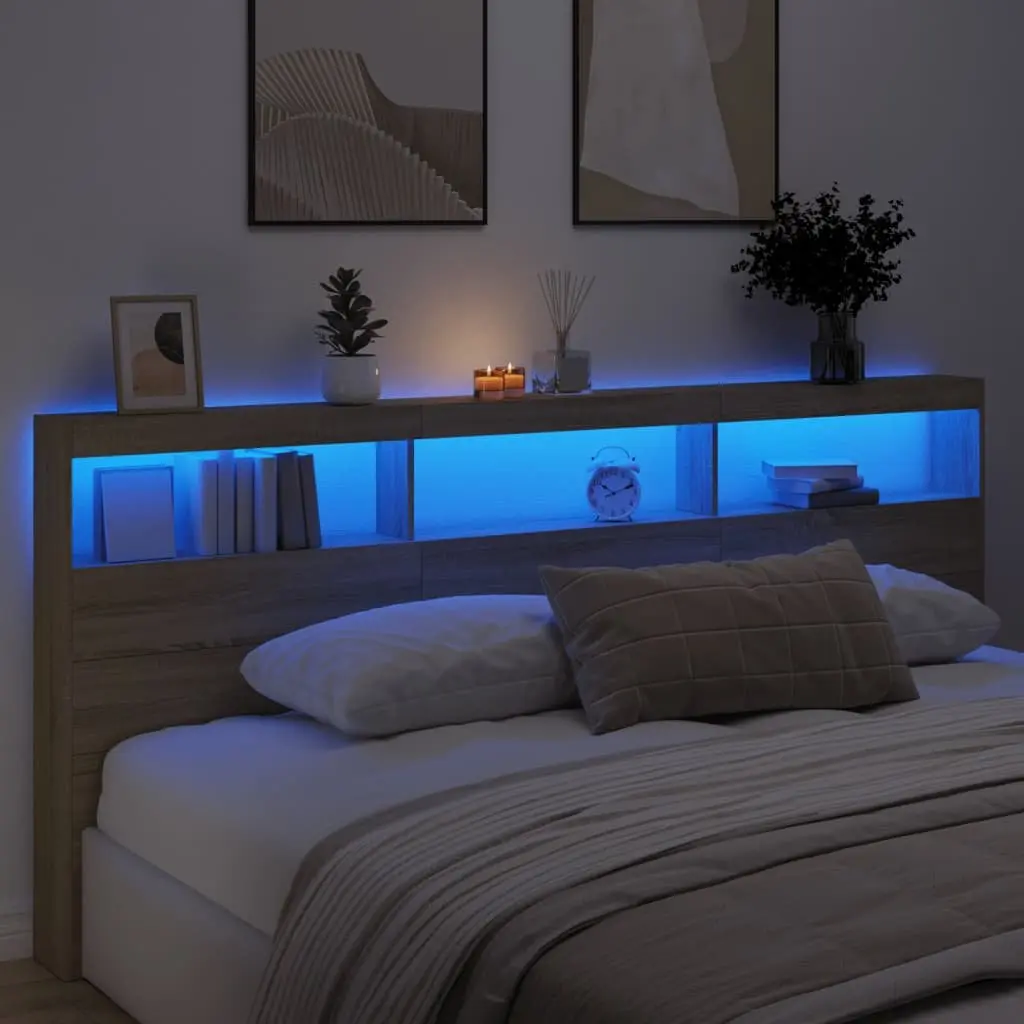 LED Lighted Storage Headboard Brown Engineered Wood 220cm Bedroom Display Cabinet