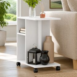 Functional White Engineered Wood Side Table with Wheels