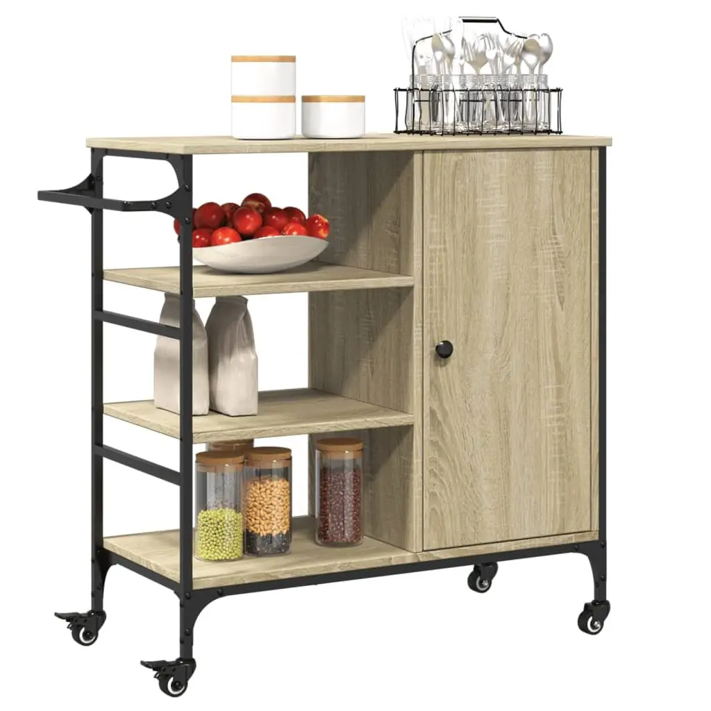 Kitchen Cart Brown Storage Organizer Trolley with Wheels Engineered Wood Shelves Towel Rack 875x385x845mm