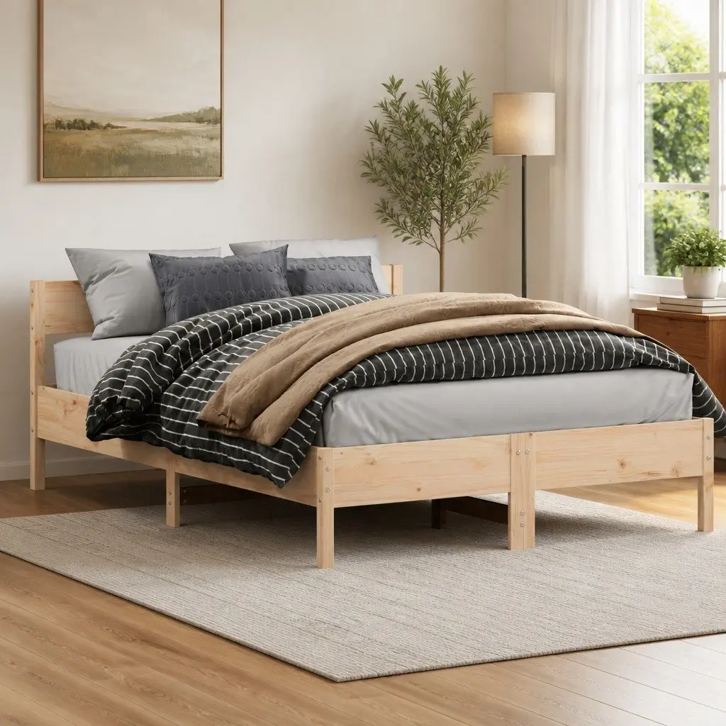 Bed Frame 150x200 cm Solid Wood Pine Slatted Base Bedroom Furniture Brown