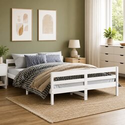 White Double Bed Frame 137x187 cm Solid Pine Wood Construction