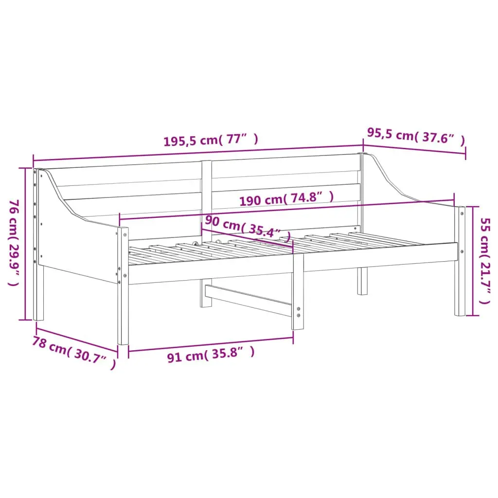 Day Bed Frame Solid Pine Wood White 90x190 cm Sofa Bed with Guardrails