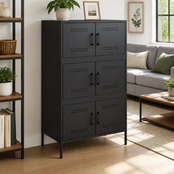 Steel Frame Highboard Cabinet Black 6 Compartment Storage