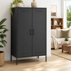Black Steel Highboard Cabinet with 6 Storage Compartments
