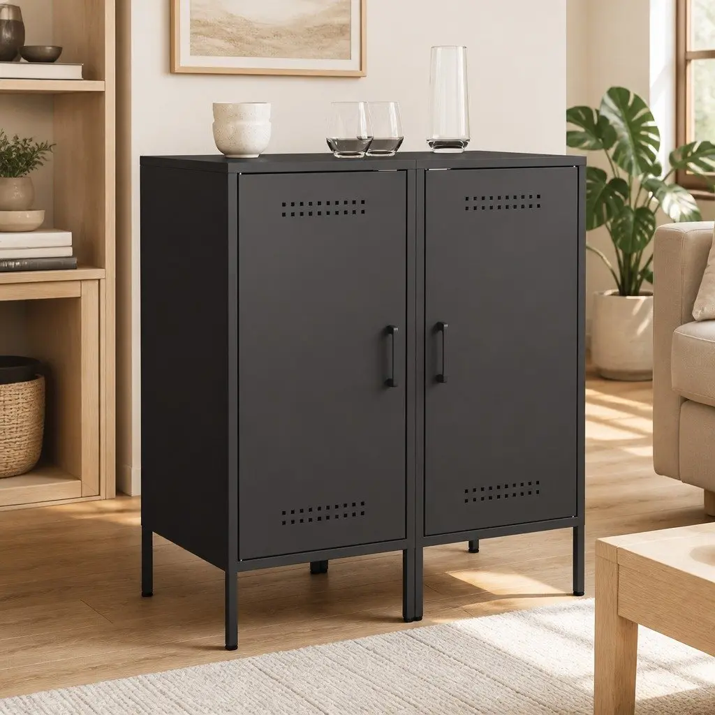Black Sideboards Storage Cabinet 2 Piece Industrial Style Living Room Bedroom