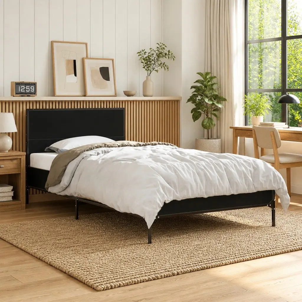 Bed Frame Engineered Wood Black 90x190 cm Metal Legs Plywood Slats Headboard