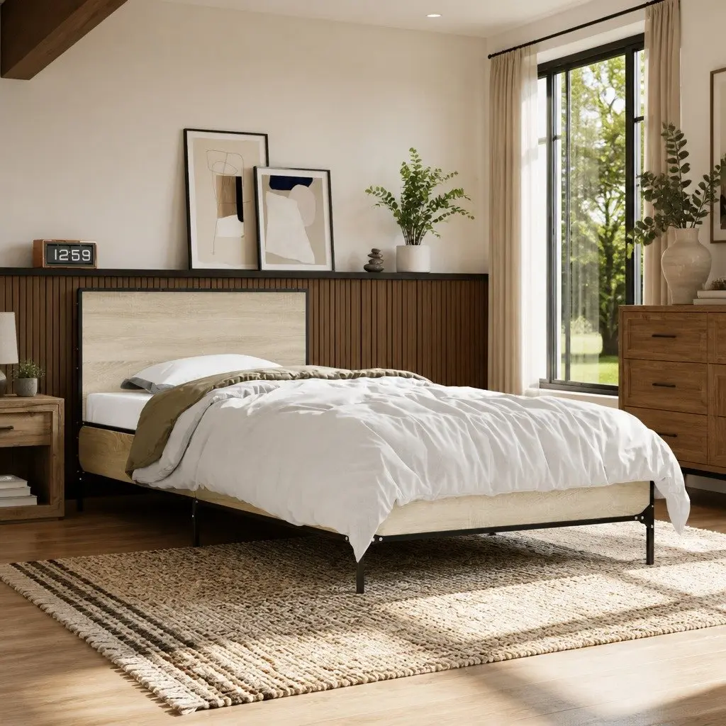 Bed Frame Comfort 90x190cm Brown Wooden Slats Headboard