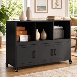 Black Steel Sideboard Cabinet with Wheels for Storage
