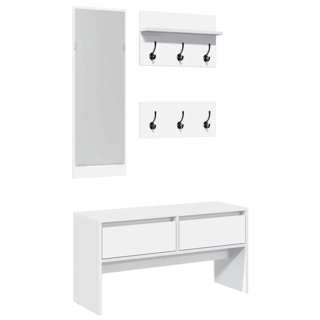 4 Piece White Hallway Furniture Set Shoe Bench with Drawers Mirror and Dual Coat Racks