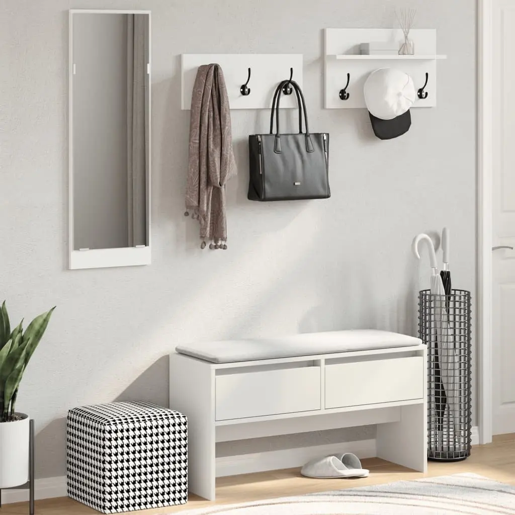 4 Piece White Hallway Furniture Set Shoe Bench with Drawers Mirror and Dual Coat Racks