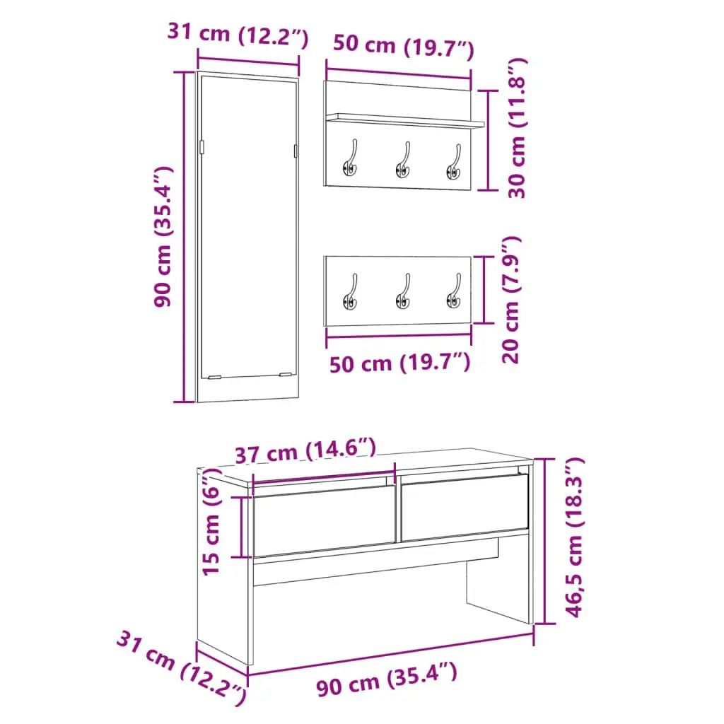 4 Piece White Hallway Furniture Set Shoe Bench with Drawers Mirror and Dual Coat Racks