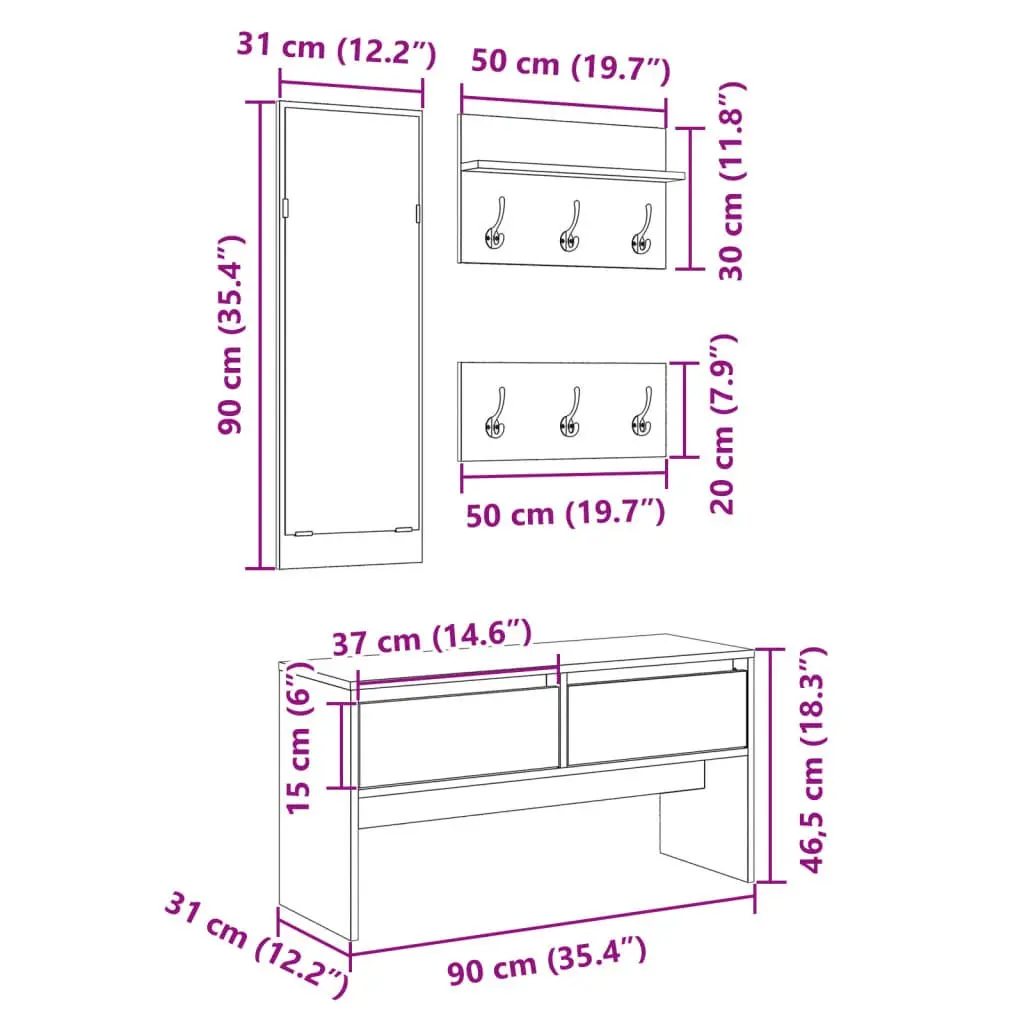 Hallway Furniture Set Storage Bench with Mirror and Coat Hooks Brown