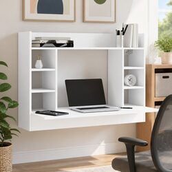 White Wall-Mounted Desk with Floating Storage Design