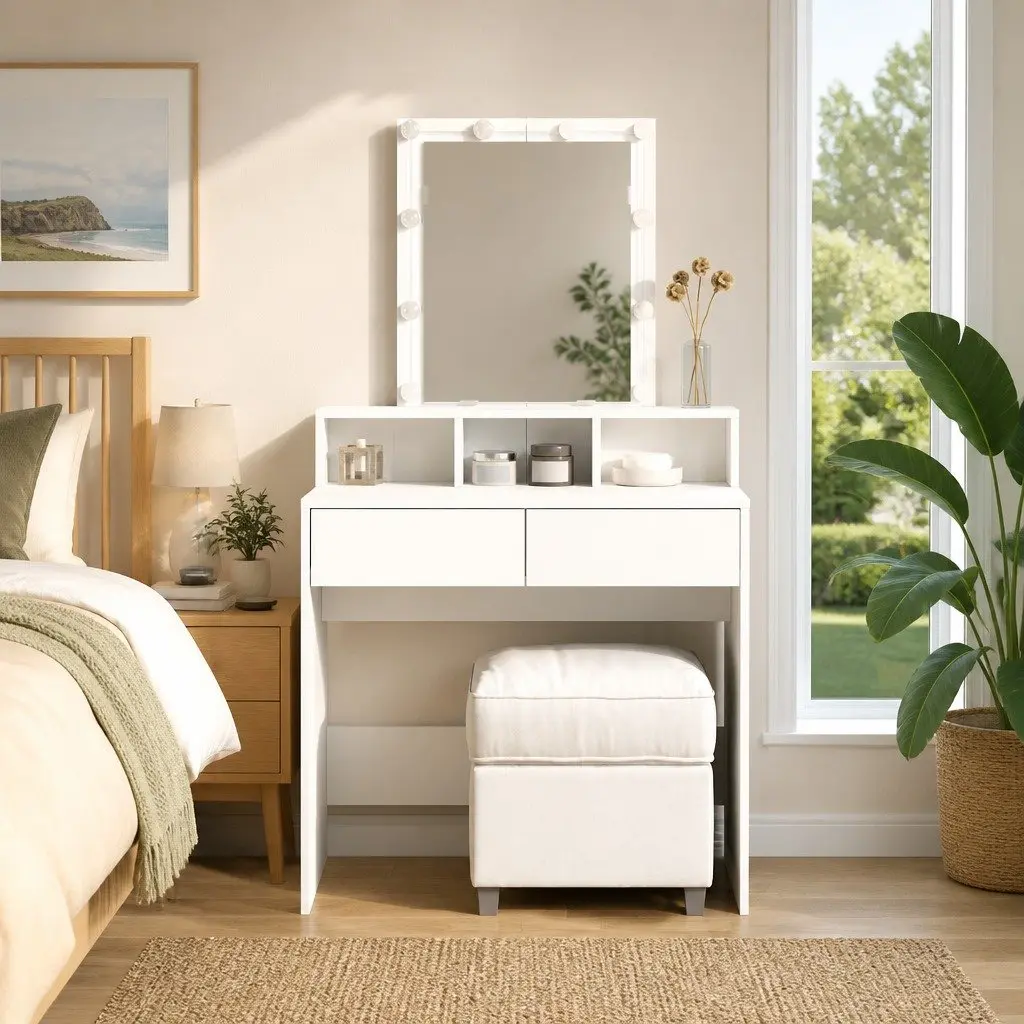 Dressing Table with LED Mirror White Bedroom Vanity Storage Drawers Compartments