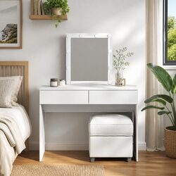 White Engineered Wood Dressing Table with LED Mirror