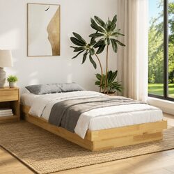 90x190 cm Solid Oak Wood Bed Frame with Slatted Base