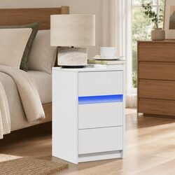 White Engineered Wood Bedside Cabinet with RGB LED Lights